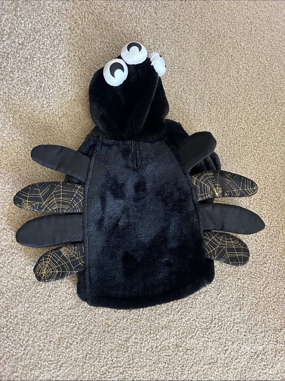 Black, soft, cozy, spider pet costume with harness opening